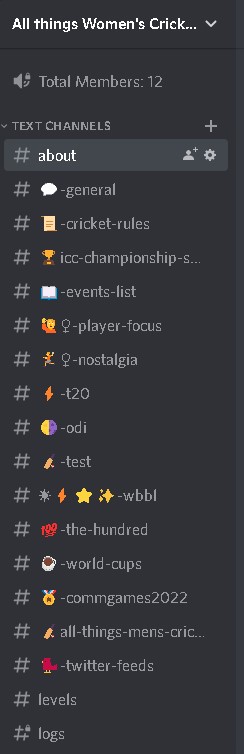 a screenshot of the channel list in discord - channel names include cricket rules, icc championships, player focus, wbbl, the 100, the comm games